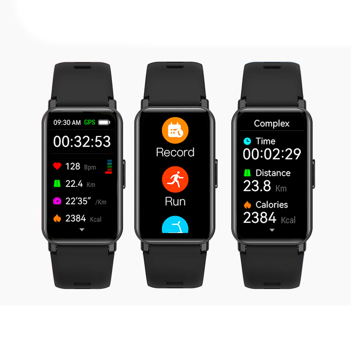 Trzy czarne smartwatche wyświetlające różne dane śledzenia aktywności.
