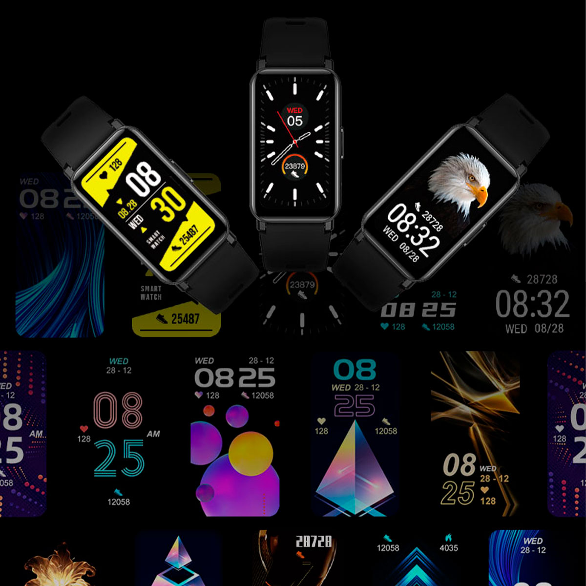 Wiele smartwatchy pokazujących różne wyświetlacze. Czarne paski, białe tło.