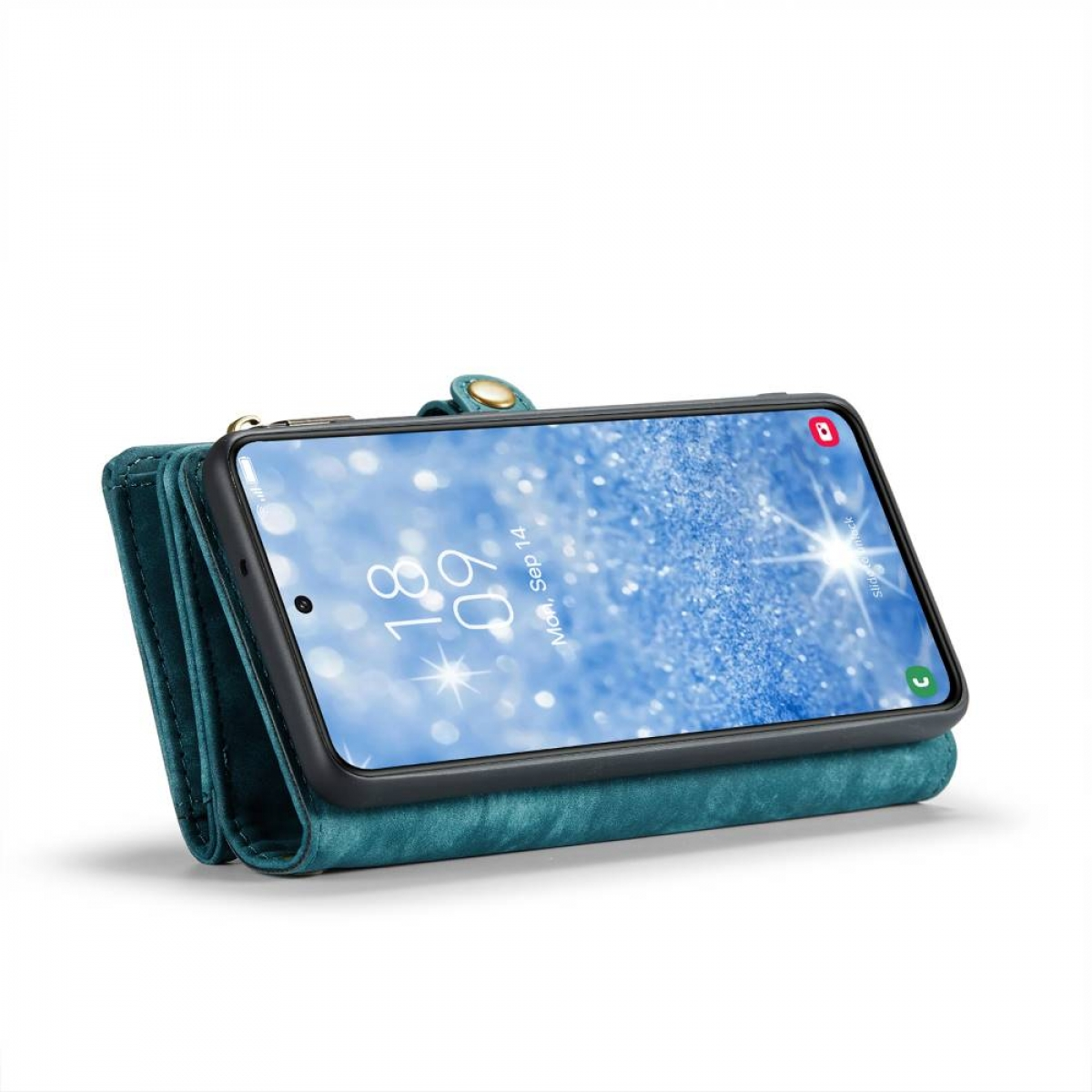 Eine tealfarbene Brieftaschen-Handyhülle, die ein Telefon mit Datum und Uhrzeit hält.