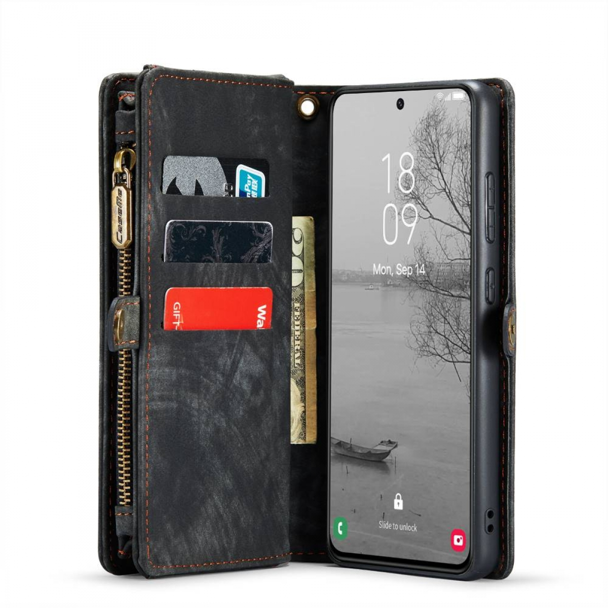 Schwarze Handyhülle mit offenem Geldbörsen-Design. Zeigt Telefon, Karten und Geld.