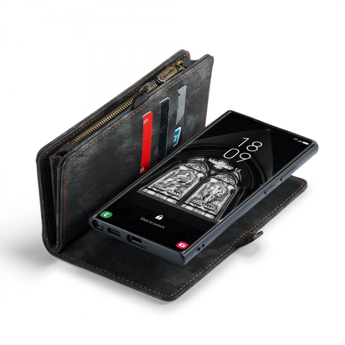Schwarzes Telefon in einer schwarzen Leder-Wallet-Hülle. Geöffnete Hülle mit Kartenfächern.