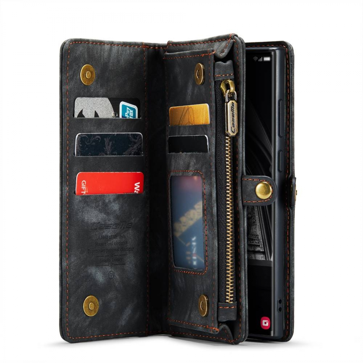 Eine schwarze Leder-Geldbörsen-Handyhülle mit Karten und Telefon, mit Reißverschluss und Druckknopfverschluss.