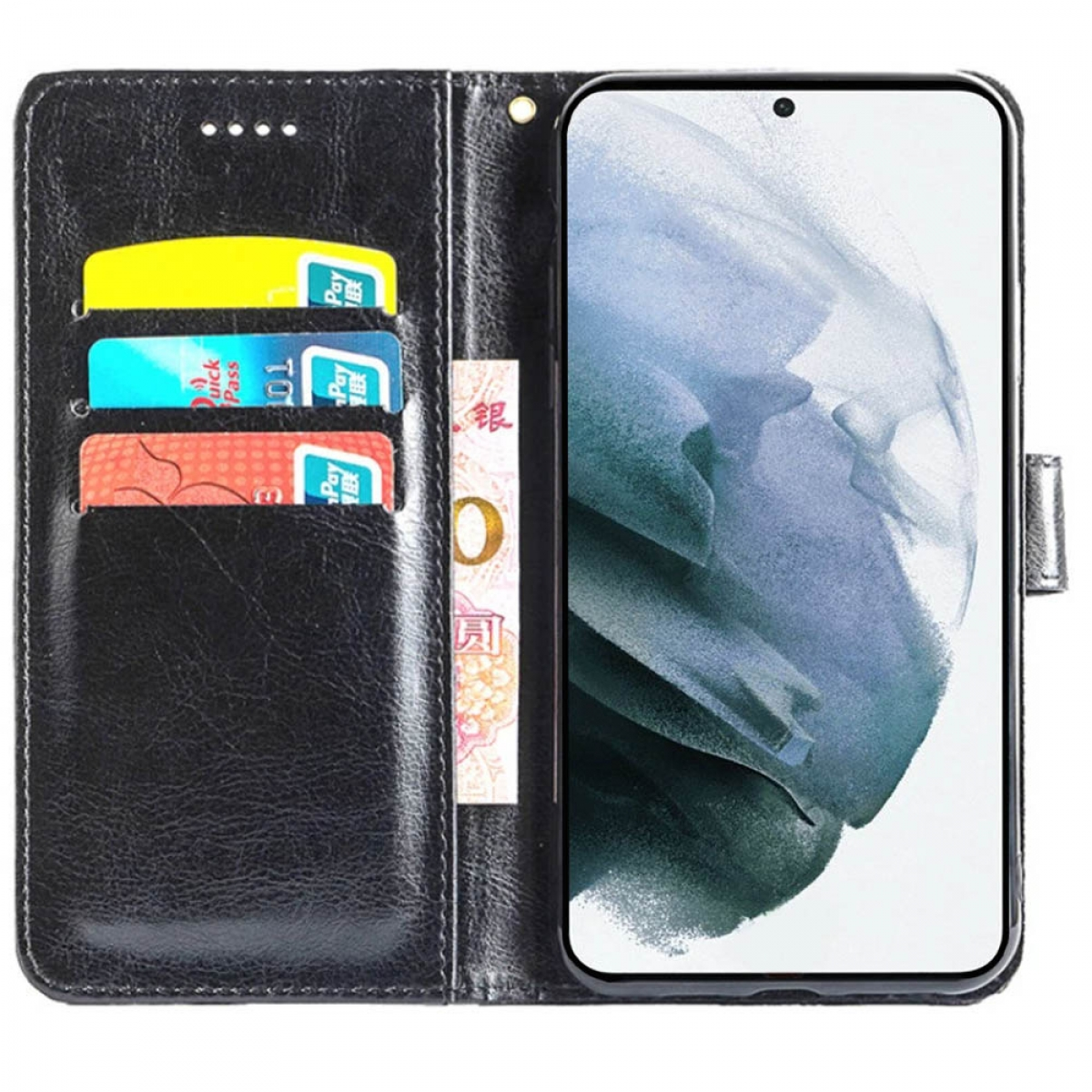 Schwarze Handyhülle offen, mit Karten und Geld. Ein Telefon rechts.