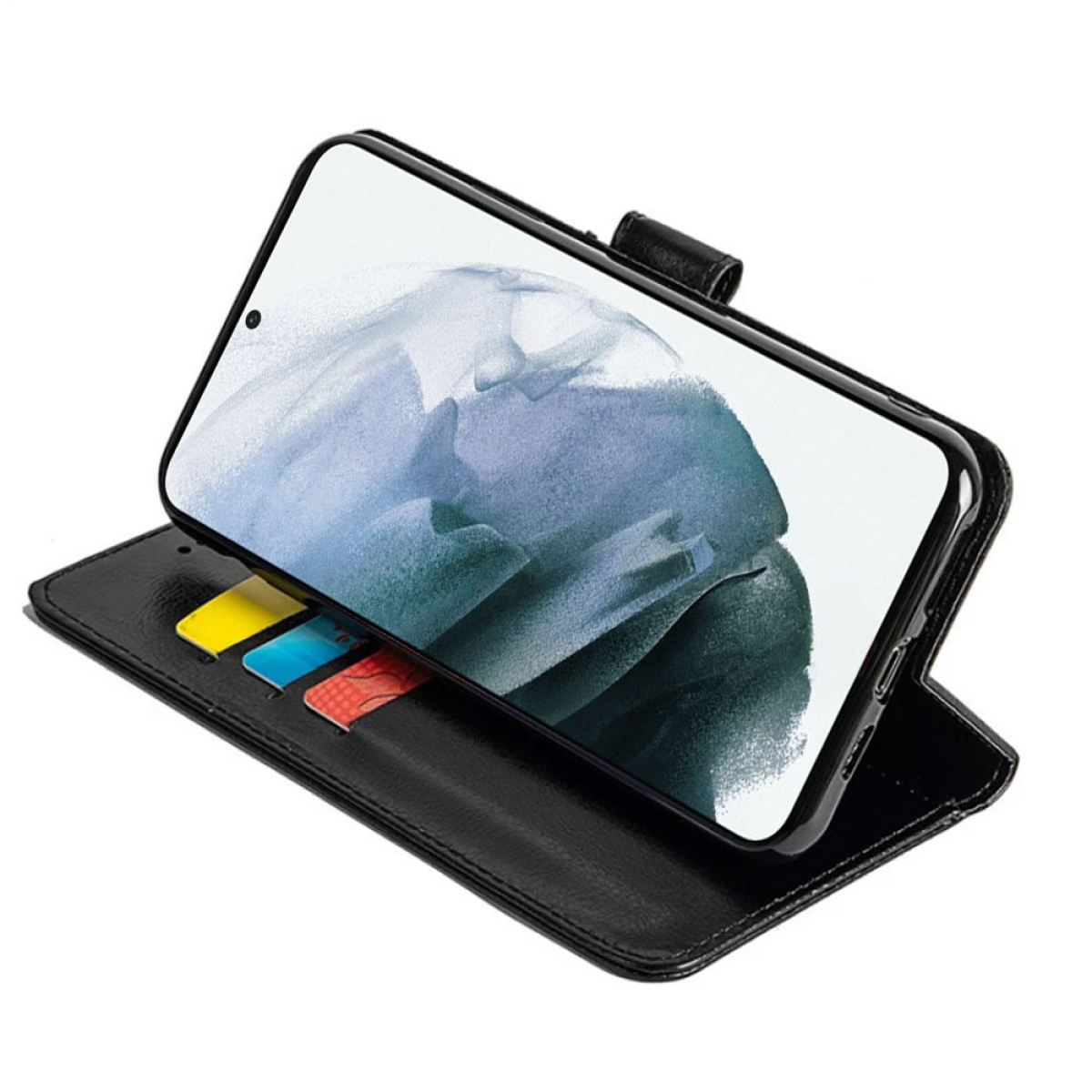 Schwarzes Telefon in einer Brieftaschen-Hülle mit Kartenfächern.