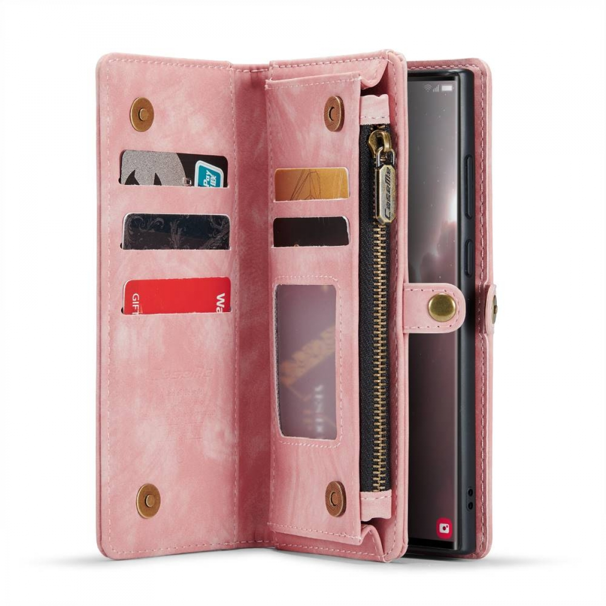 Rosa Brieftaschen-Handyhülle, offen mit Karten und Telefon. Mit Reißverschluss und Knopfverschluss.