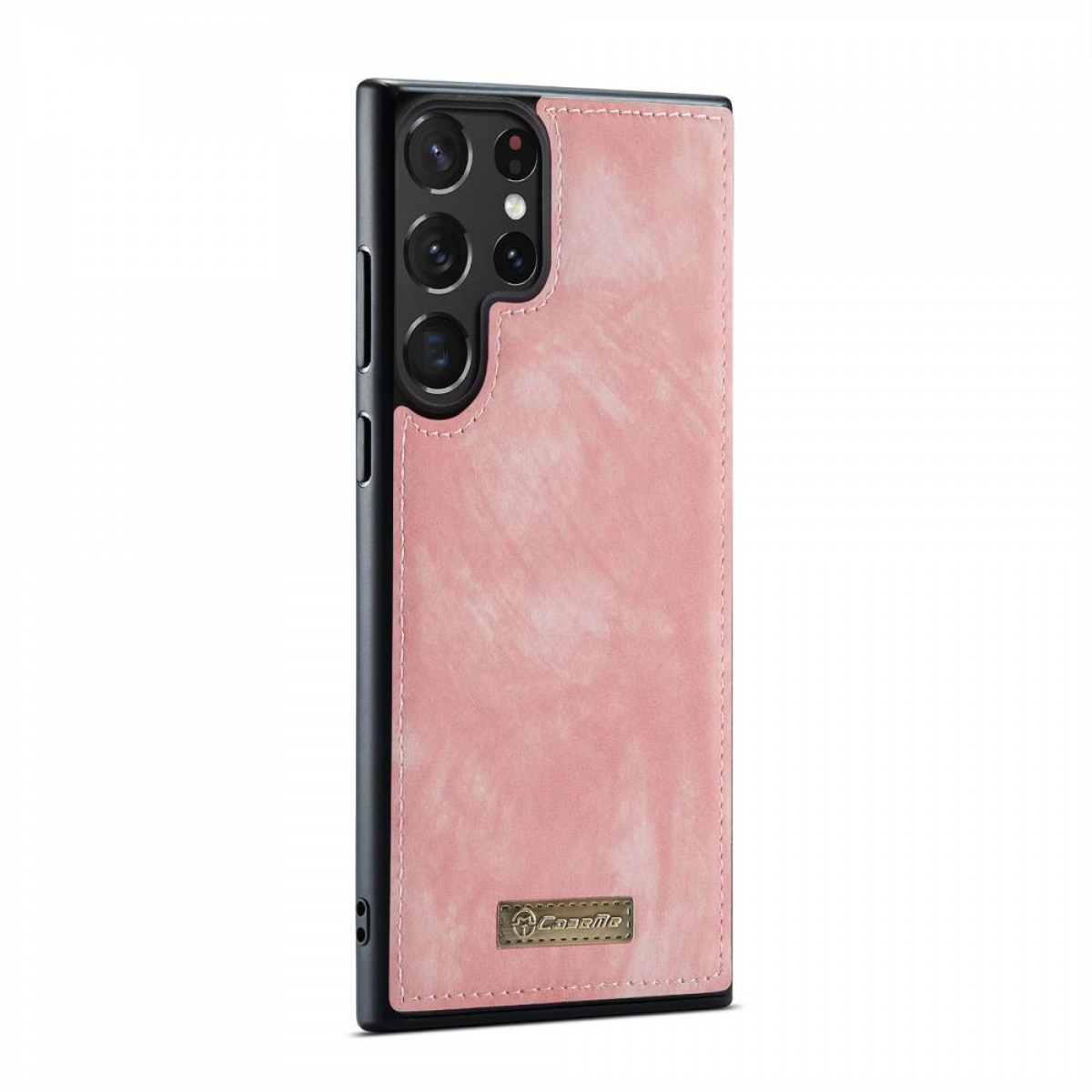 Rosa Leder-Handyhülle, mit Kartenfach, und ein Telefon.