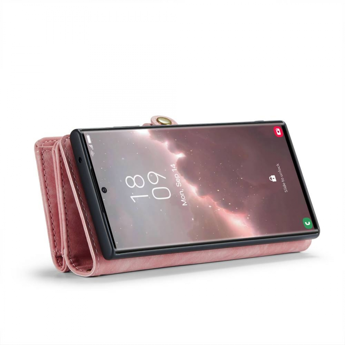 Rosa Geldbörse mit Telefon. Telefon zeigt bewölkten Himmel. Der Hintergrund ist weiß.