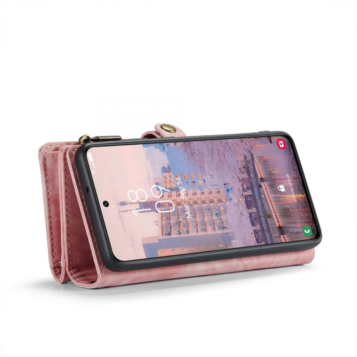 Geöffnete pinke Handy-Geldbörsen-Hülle mit Telefon. Das Telefon zeigt Startbildschirm und Datum.