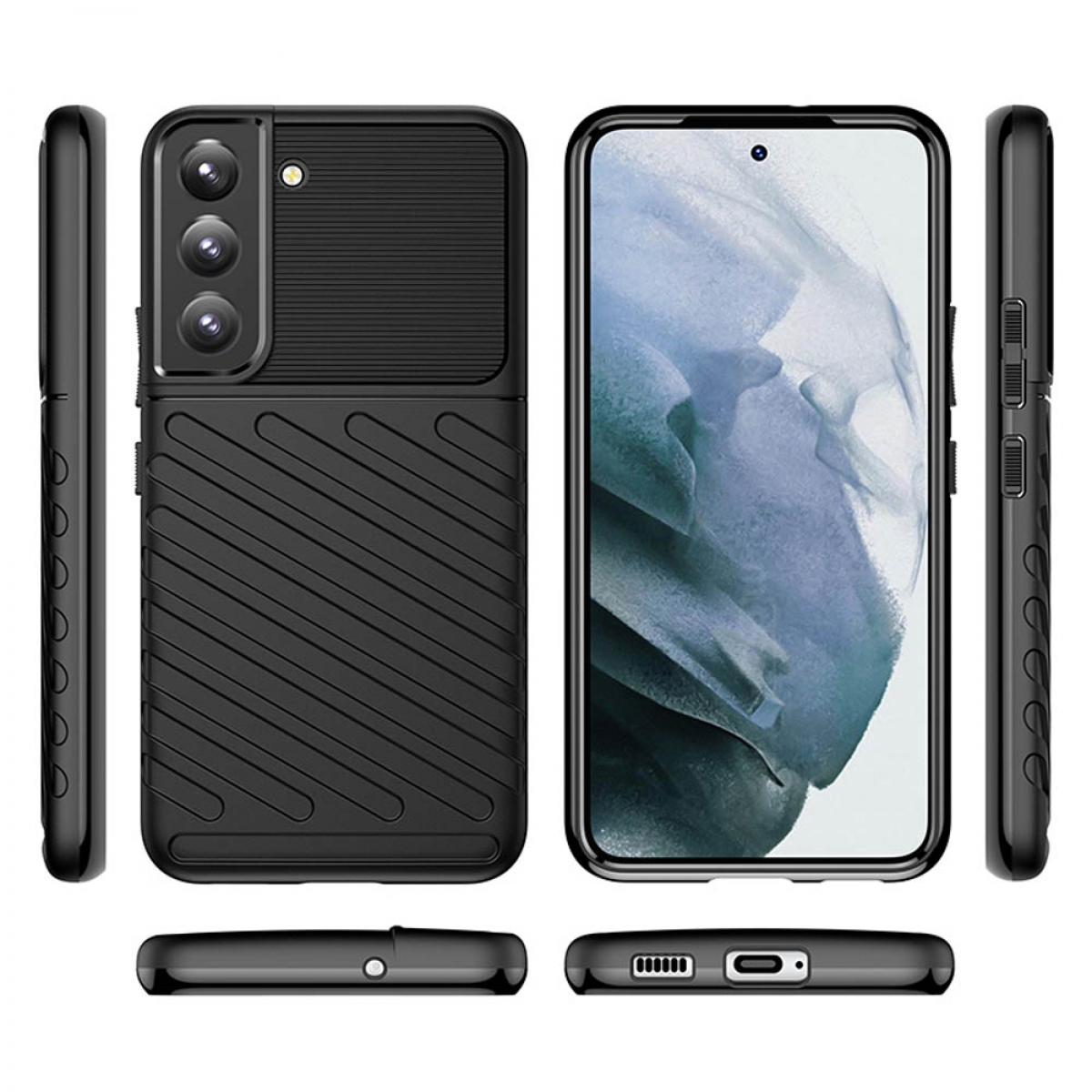 Eine schwarze Handyhülle mit strukturierter Rückseite und Kameraaussparung. Die Hülle ist für ein Smartphone konzipiert.