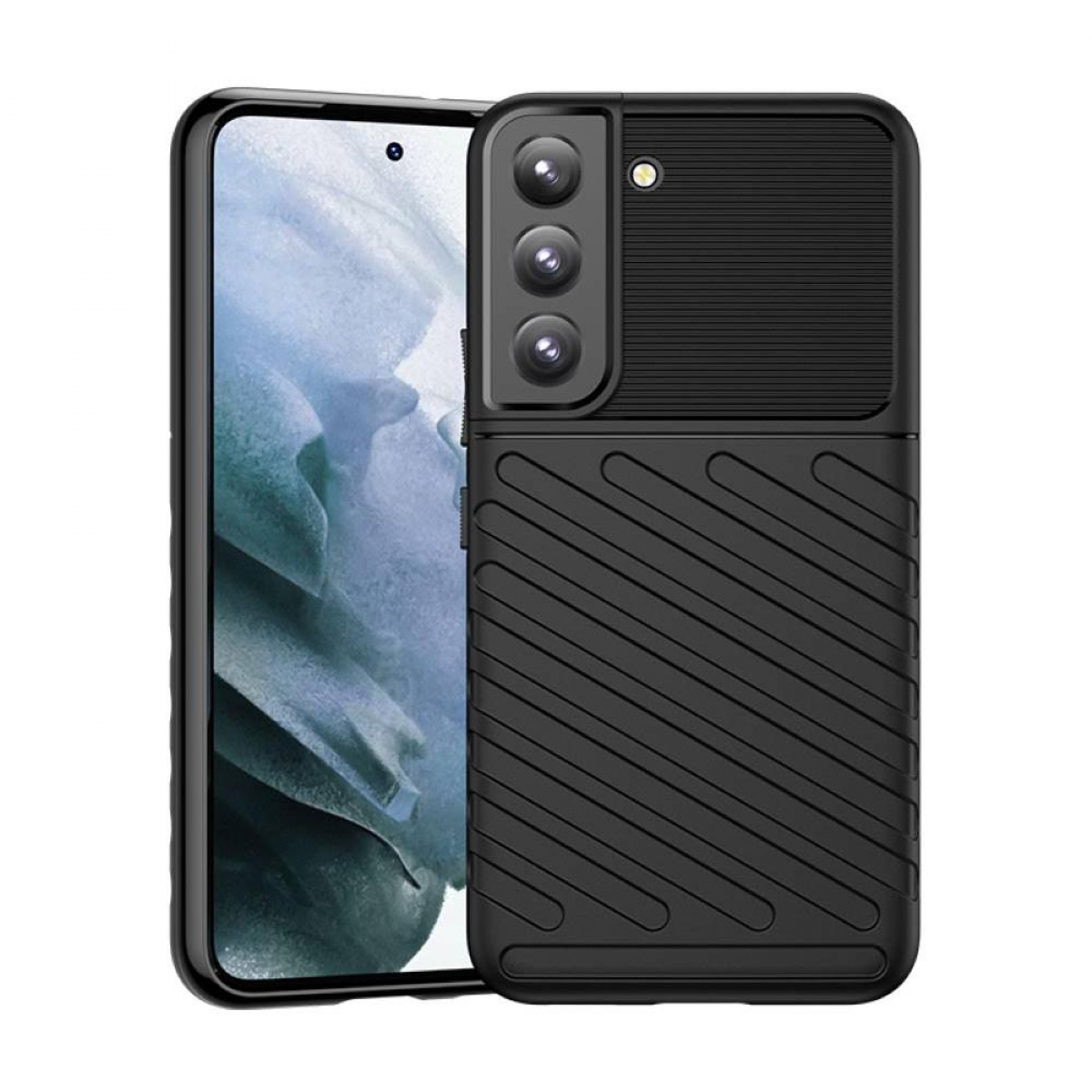 Schwarze Handyhülle mit einem Telefon darin. Die Hülle hat ein strukturiertes Design auf der Rückseite. Das Telefon ist schwarz.