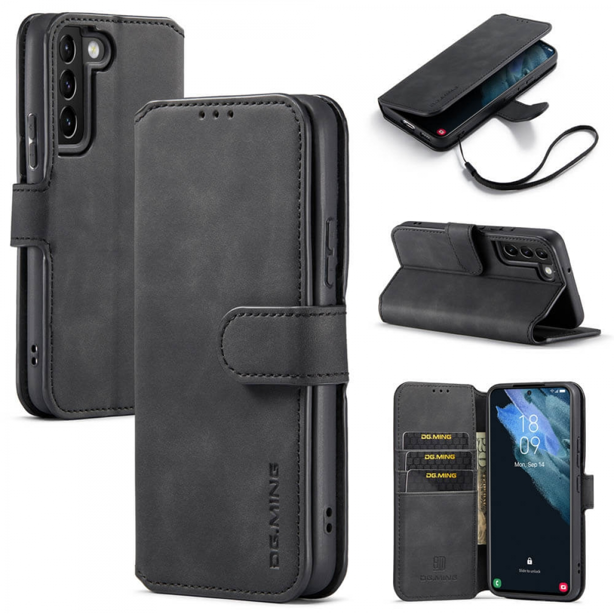 Schwarze Handyhülle mit Brieftaschenfunktion. Mehrere Ansichten, schwarze Hülle, Kartenfächer und Telefon.