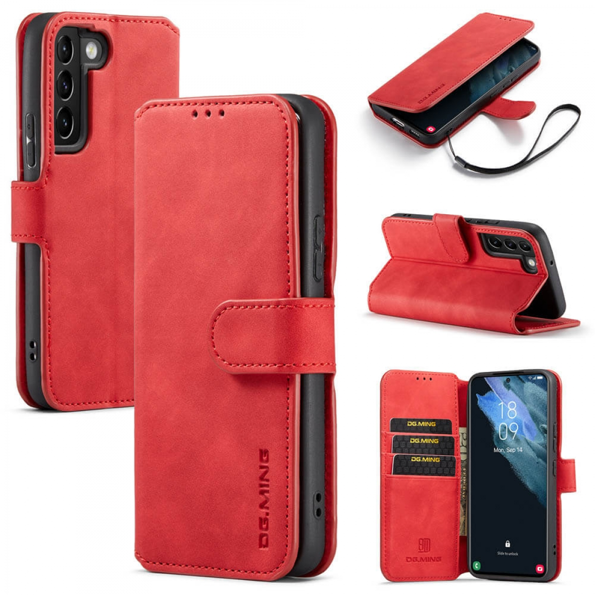DG MING 3-karten, Bookcover, Samsung, Galaxy S22, Rot