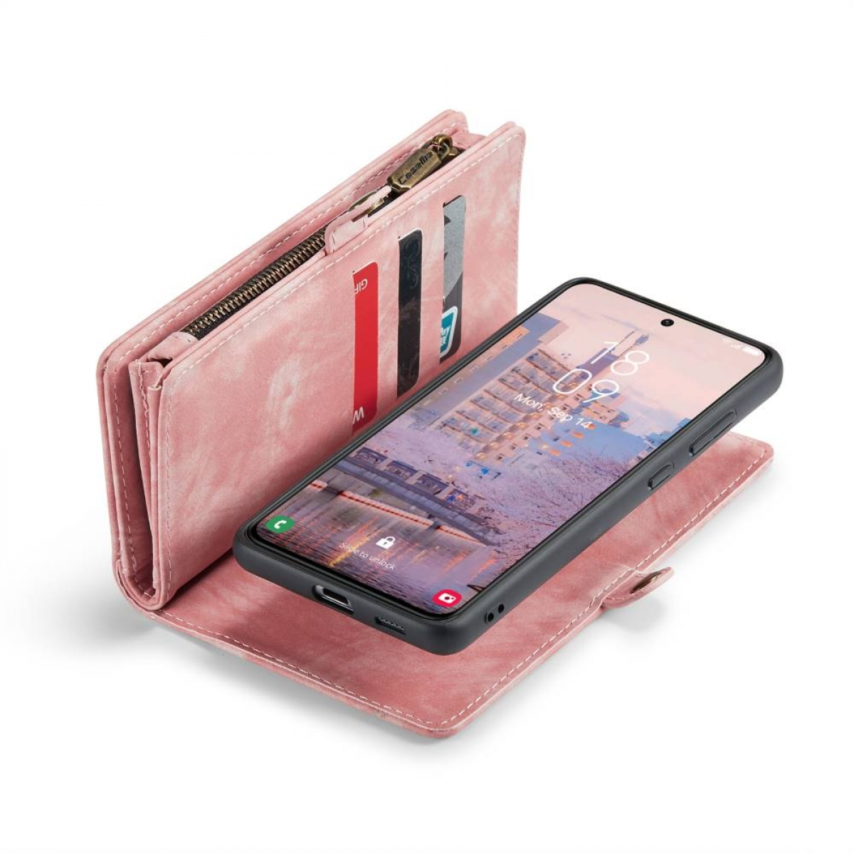 Rosa Geldbörse mit Telefon, das Datum anzeigt, und Karten. Offene rosa Geldbörse.