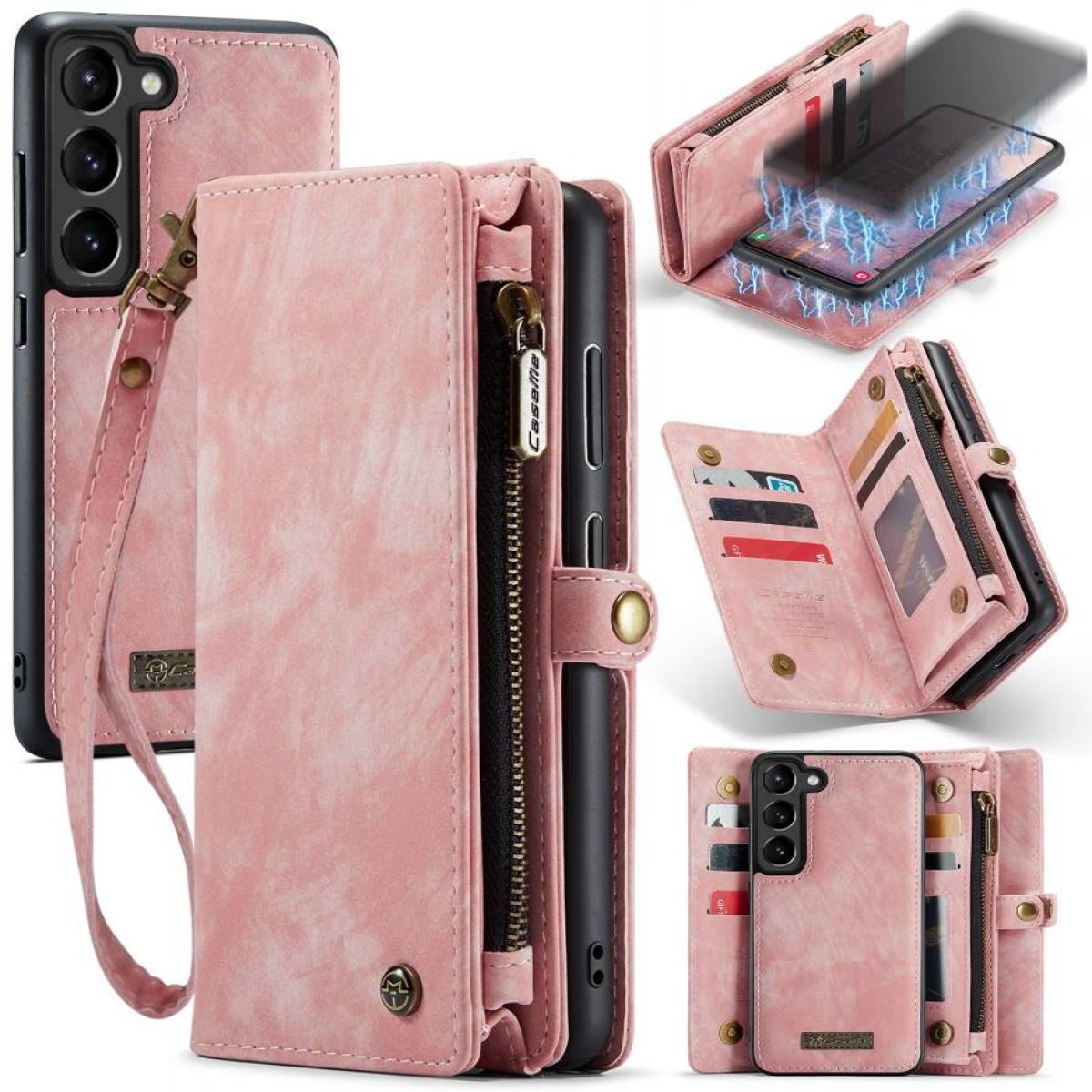 Rosa Handyhülle mit Brieftaschenfunktion. Mehrere Ansichten, rosa Hülle, Kartenfächer und Telefon.