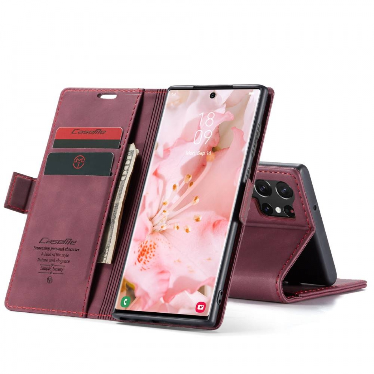 Burgunderfarbene Handyhülle mit Karten, Telefon und Blumendisplay.