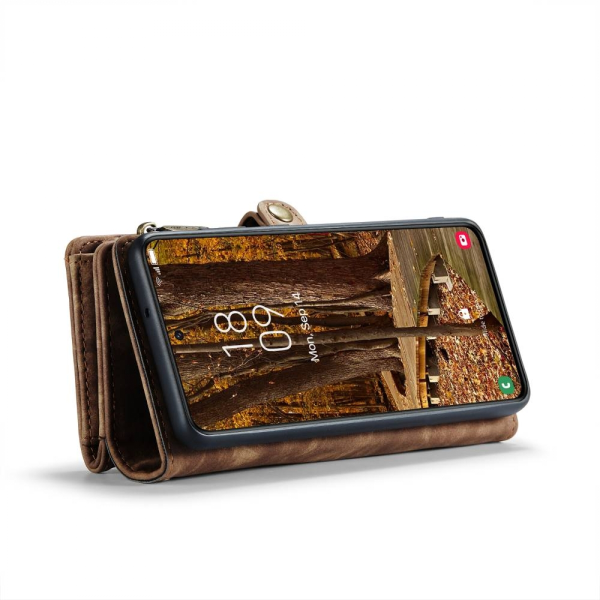 Braune Leder-Telefonbrieftasche mit Telefon, das ein Landschaftsfoto zeigt.