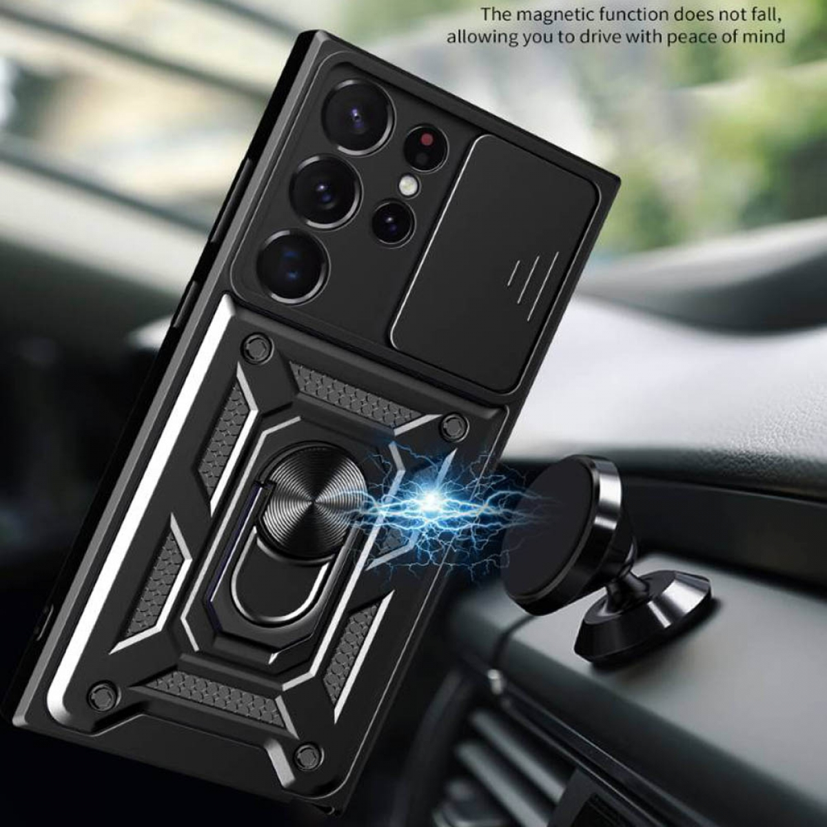 Eine schwarze Handyhülle mit Kameraabdeckung und magnetischem Autohalter.