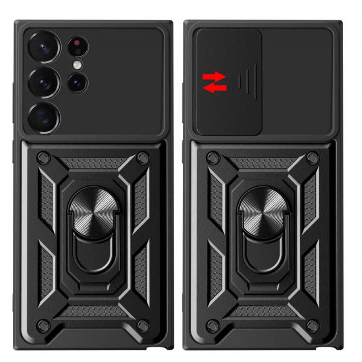 Schwarze Handyhülle mit Ringhalter und Kameraabdeckung. Die Hülle hat ein strukturiertes Design.