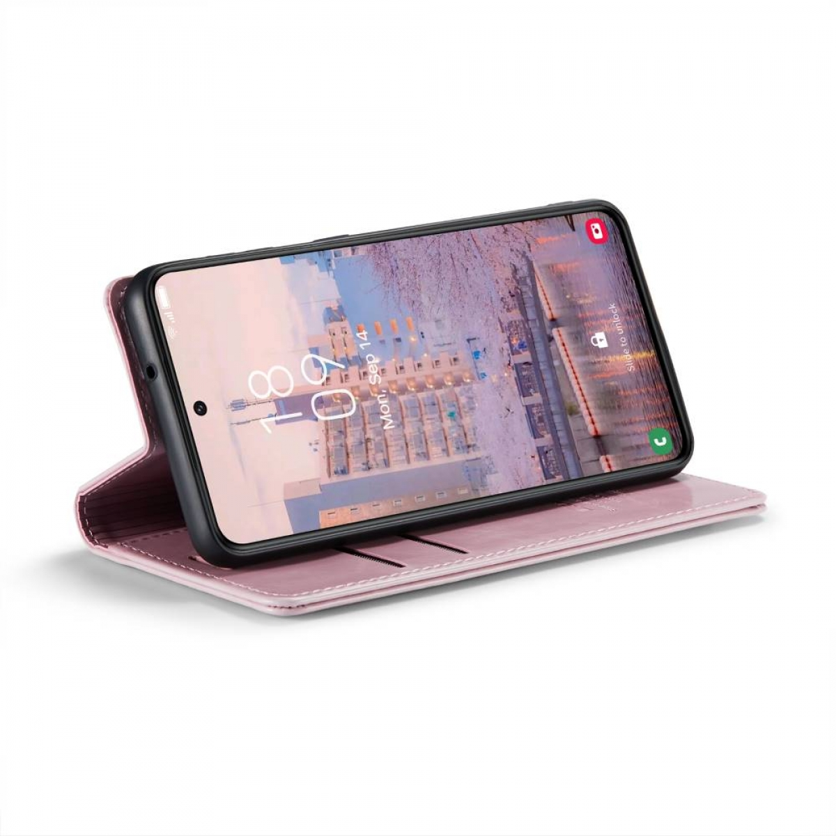 Ein Smartphone in einer rosa Brieftaschen-Hülle. Der Bildschirm zeigt eine Kalender-App.