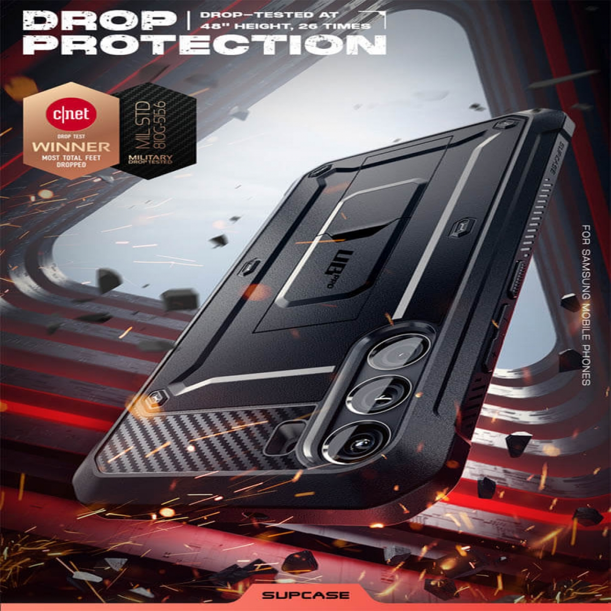 Schwarze Handyhülle auf roter und silberner Oberfläche. Text: 'Drop Protection' und 'SUPCASE'.