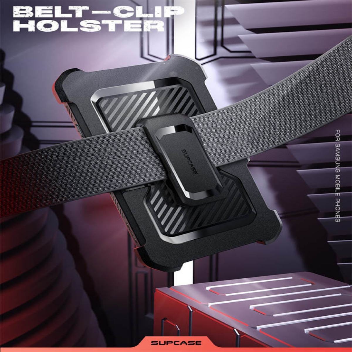 Eine schwarze Handyhülle mit einem Gürtelclip-Holster, das an einem grauen Gurt befestigt ist.