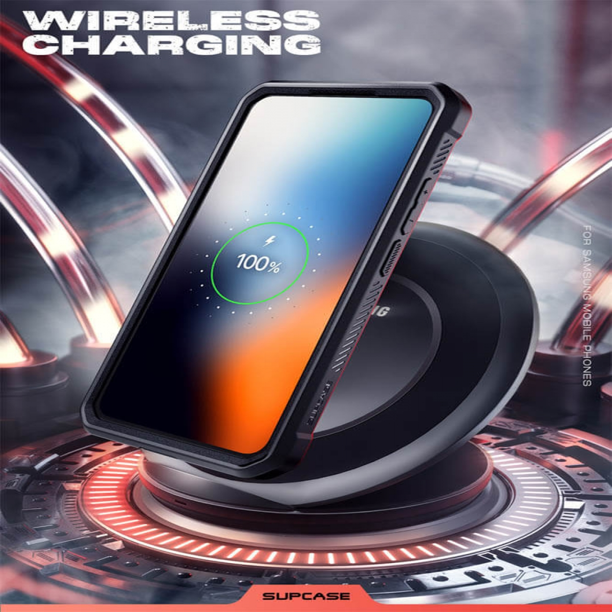 Telefon in Hülle auf kabellosem Ladegerät. Anzeige zeigt 100% Ladung. Text: 'Wireless Charging'.