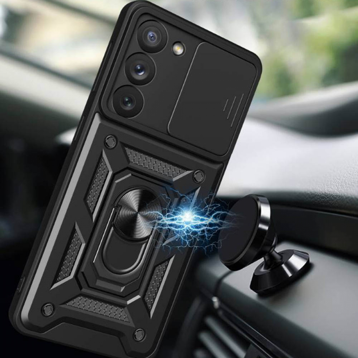 Schwarze Handyhülle mit Kameraabdeckung und Ringhalter, vor einem Autoinnenraum.