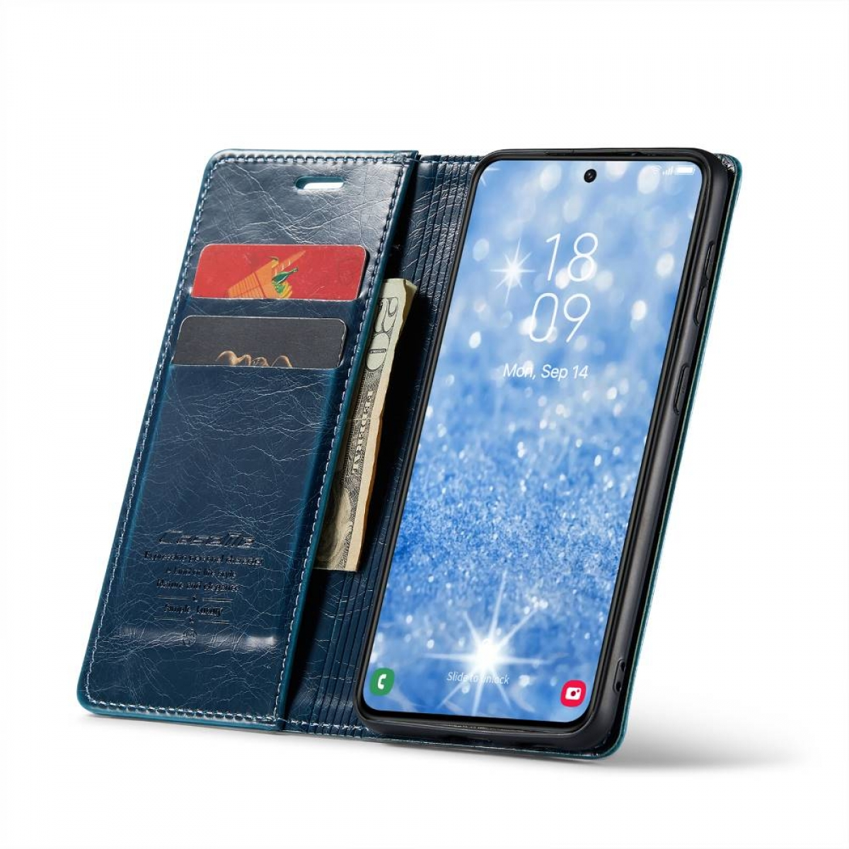 Blaue Leder-Handyhülle, geöffnet mit Telefon, Bildschirm, Karten und Geld.