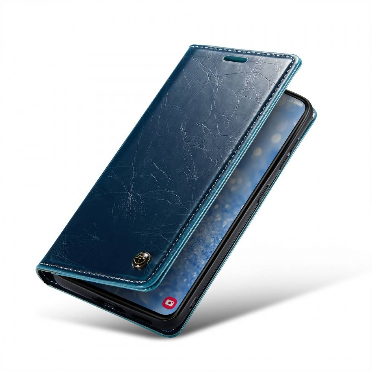 Blaue Leder-Handyhülle, geöffnet, um einen Telefonbildschirm freizugeben. Hülle hat einen Verschluss.