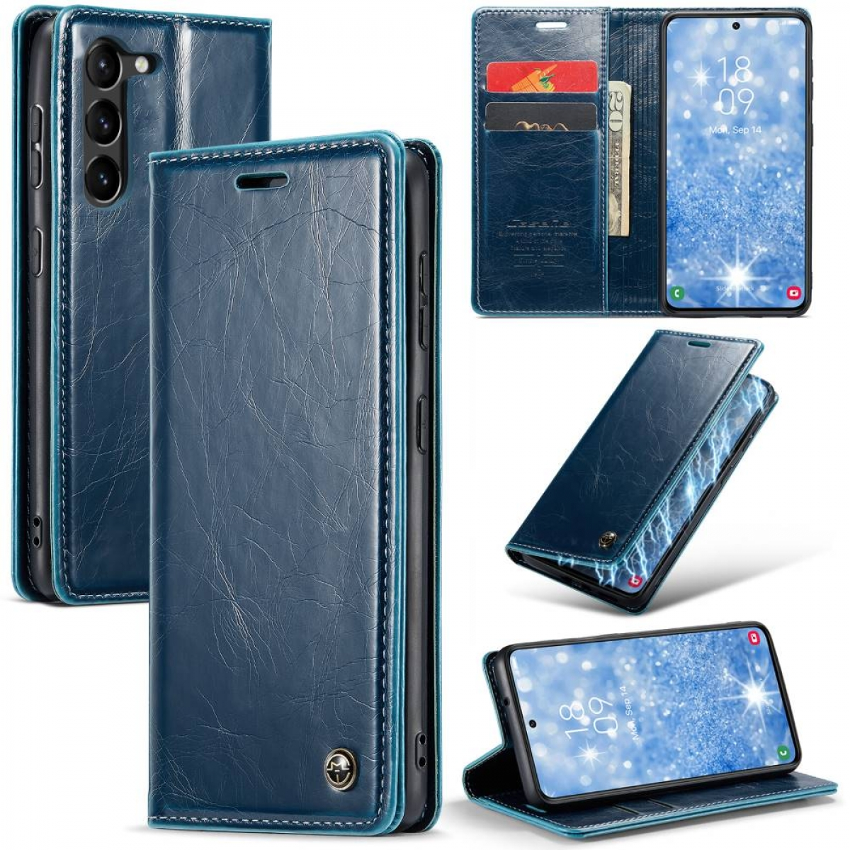 Eine blaue Leder-Handyhülle mit Kartenfächern und Telefonbildschirm mit Uhrzeit und Datum.