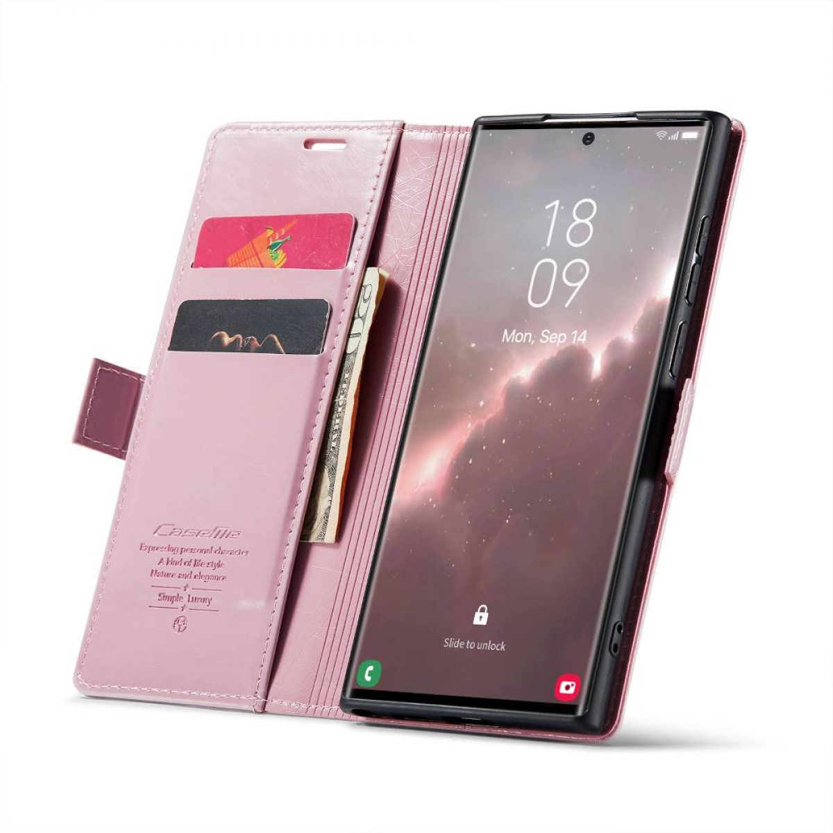 Eine Handyhülle mit einem Telefon, geöffnet, um Kartenfächer und Geld zu zeigen.