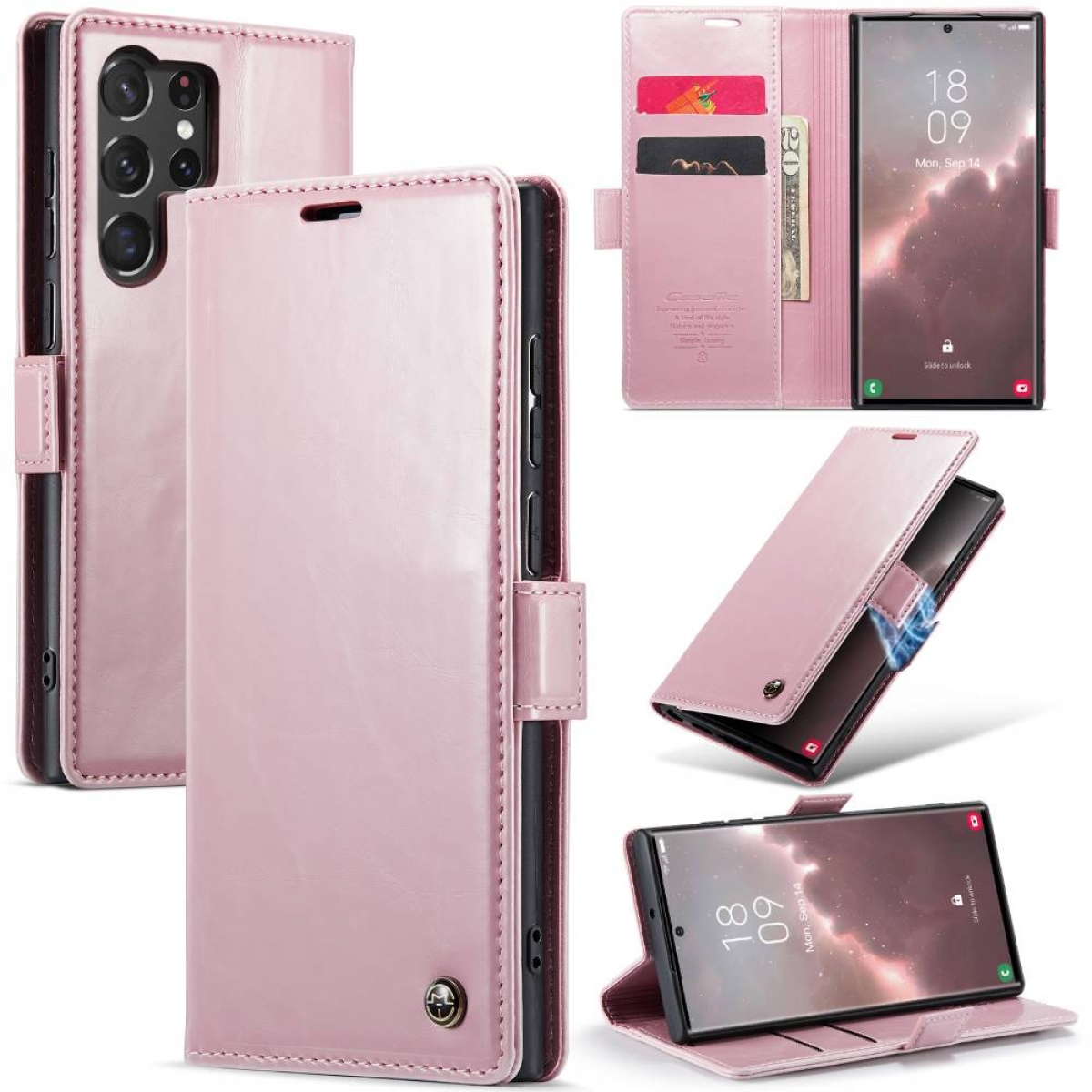 Rosa Handyhülle mit einem Telefon darin. Mehrere Ansichten, einschließlich Rückseite, Vorderseite und offen mit Karten.