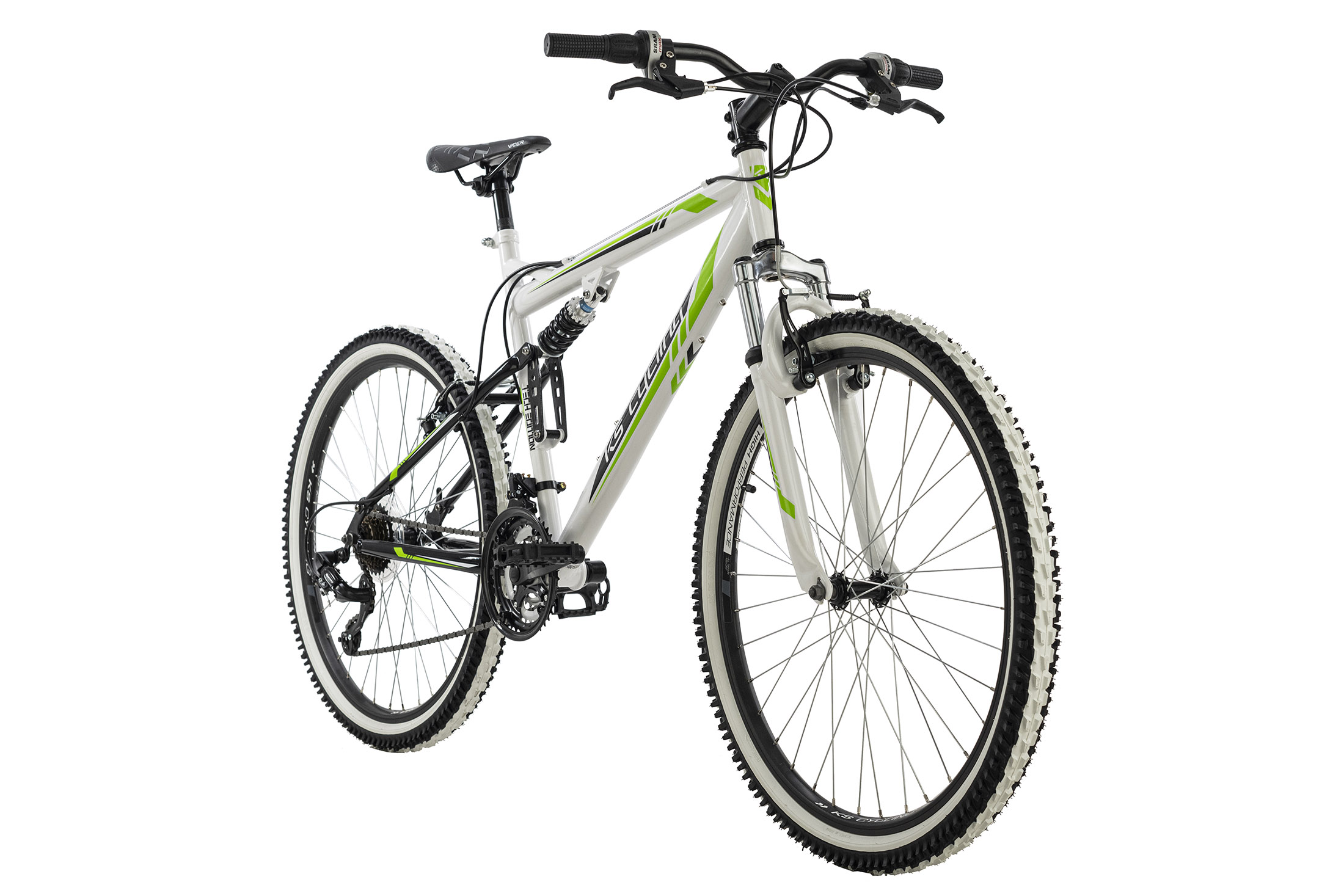 Ein weißes und grünes Mountainbike, abgewinkelt mit weißem Hintergrund.