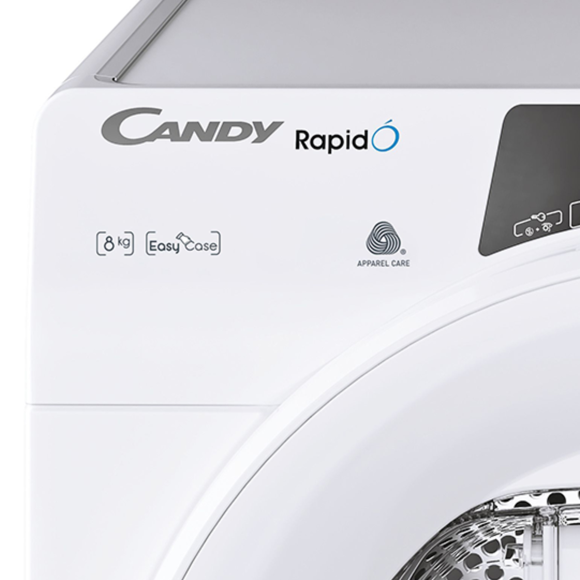 Primo piano di una lavatrice bianca con il logo 'CANDY RapidÓ' e l'etichetta.