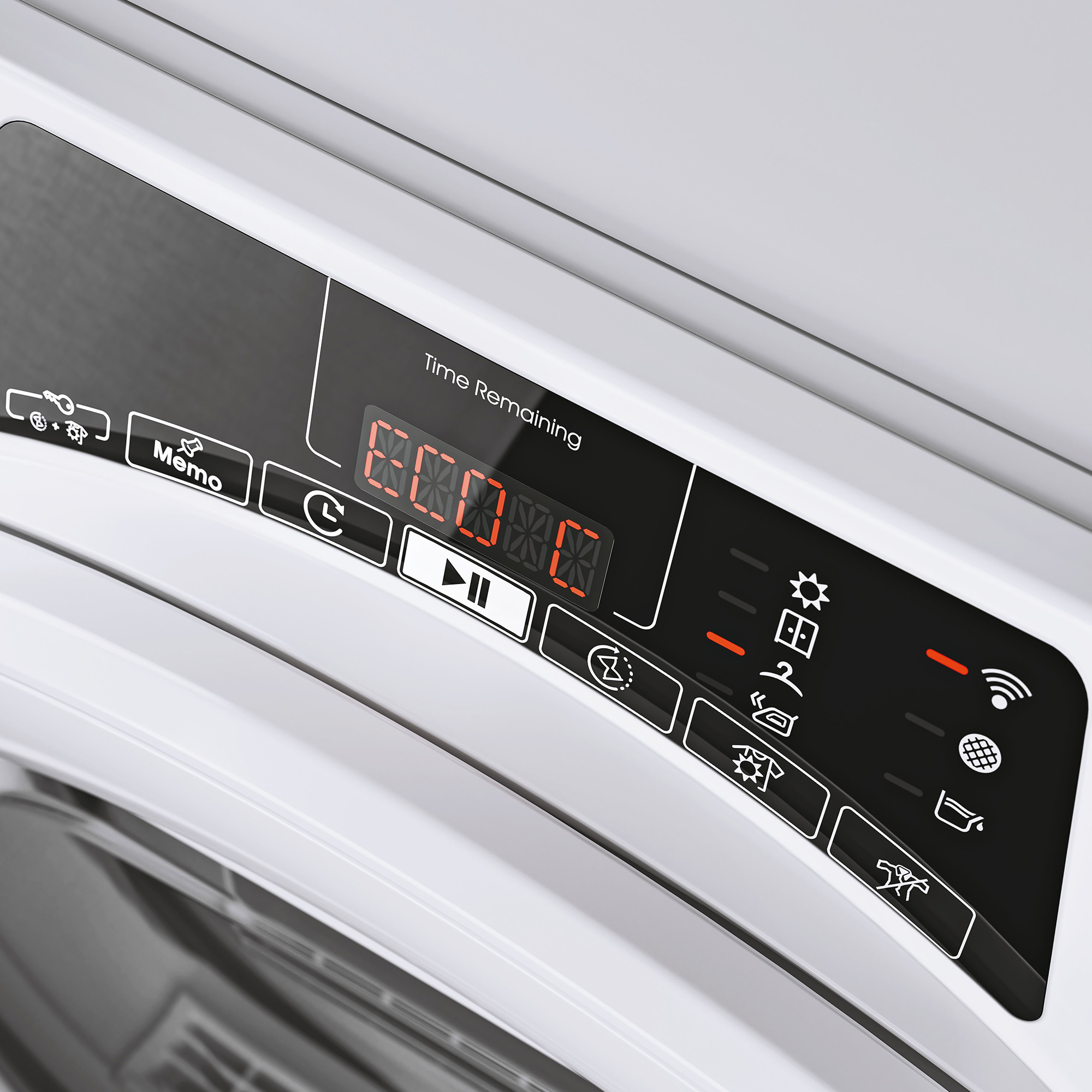 Panel de control de lavadora, que muestra una pantalla digital con el tiempo restante.