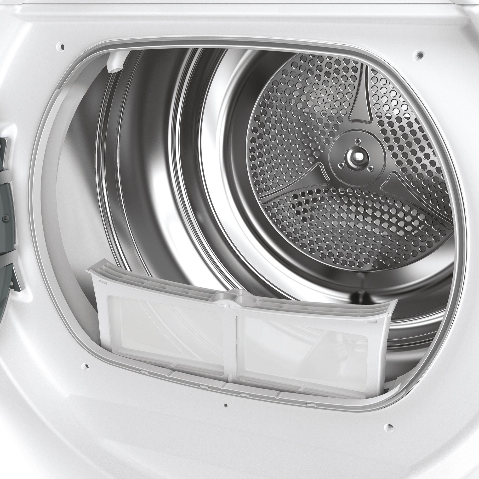 Interior de una secadora blanca que muestra los compartimentos del filtro y el tambor.