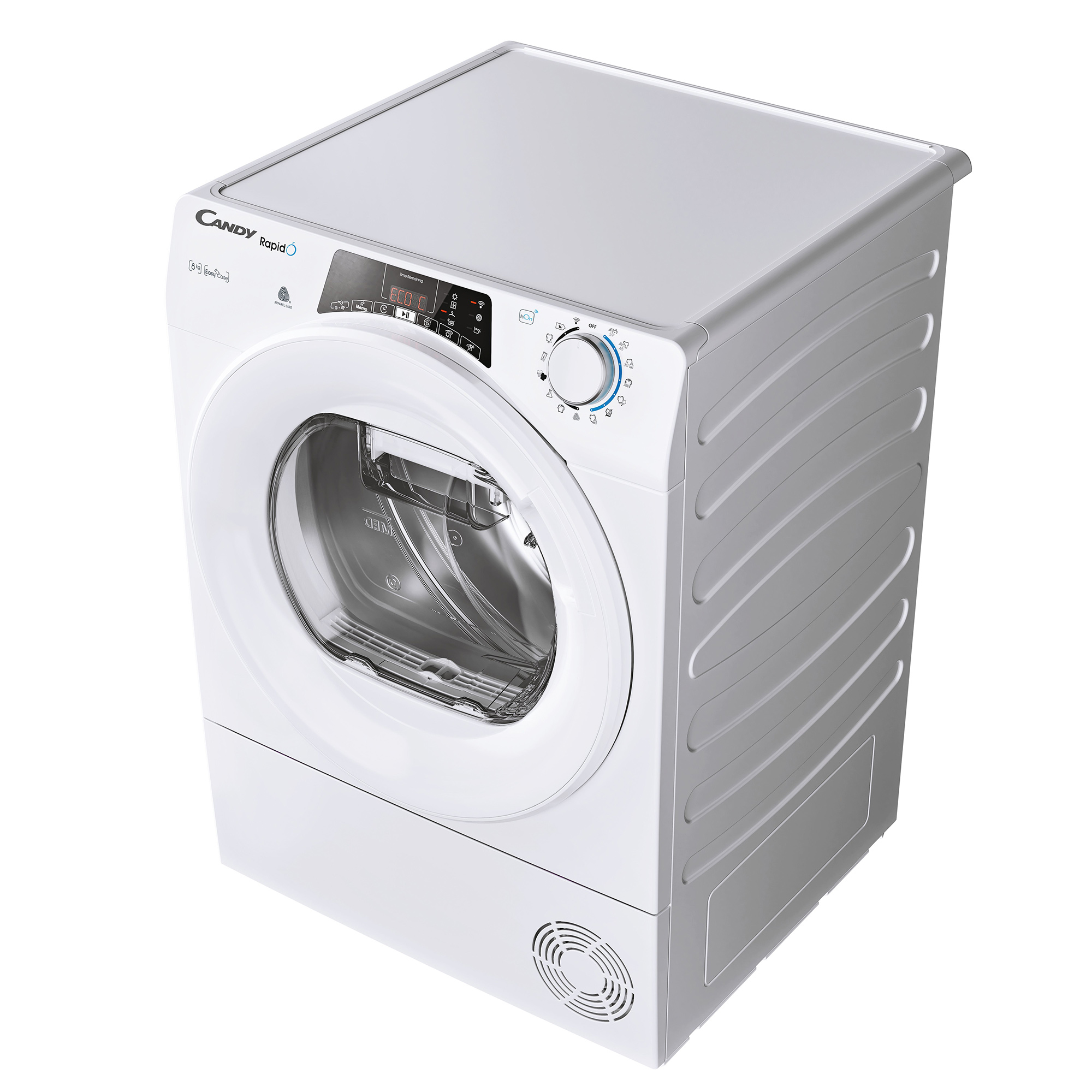 Una lavadora blanca con puerta circular y panel de control digital.