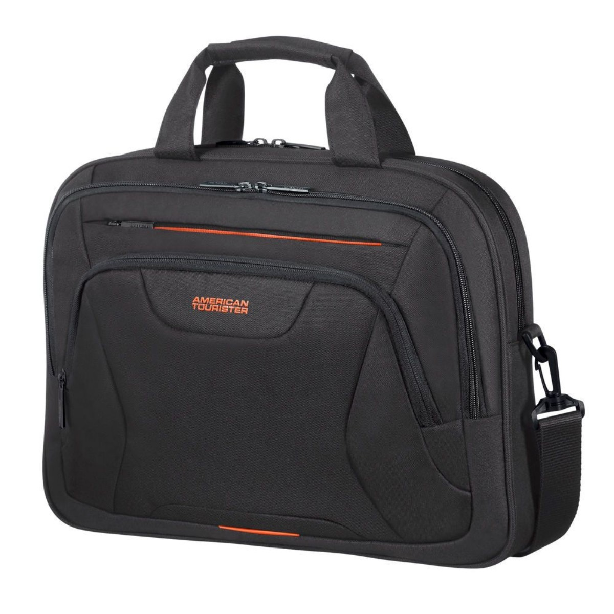Valigetta nera con linea arancione. Maniglia e tracolla visibili. Stampa 'AMERICAN TOURISTER'.