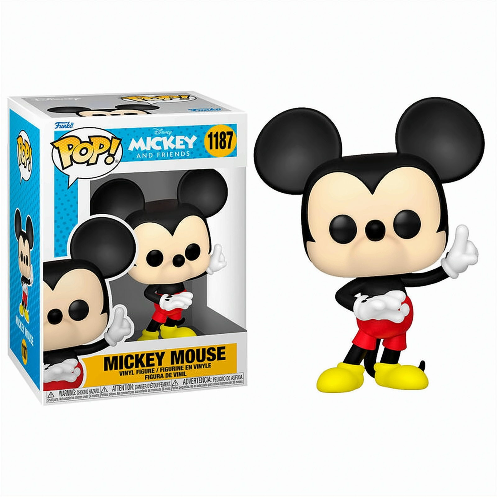 Figura di Topolino con scatola. Mickey indossa pantaloncini rossi, scarpe gialle e guanti bianchi.