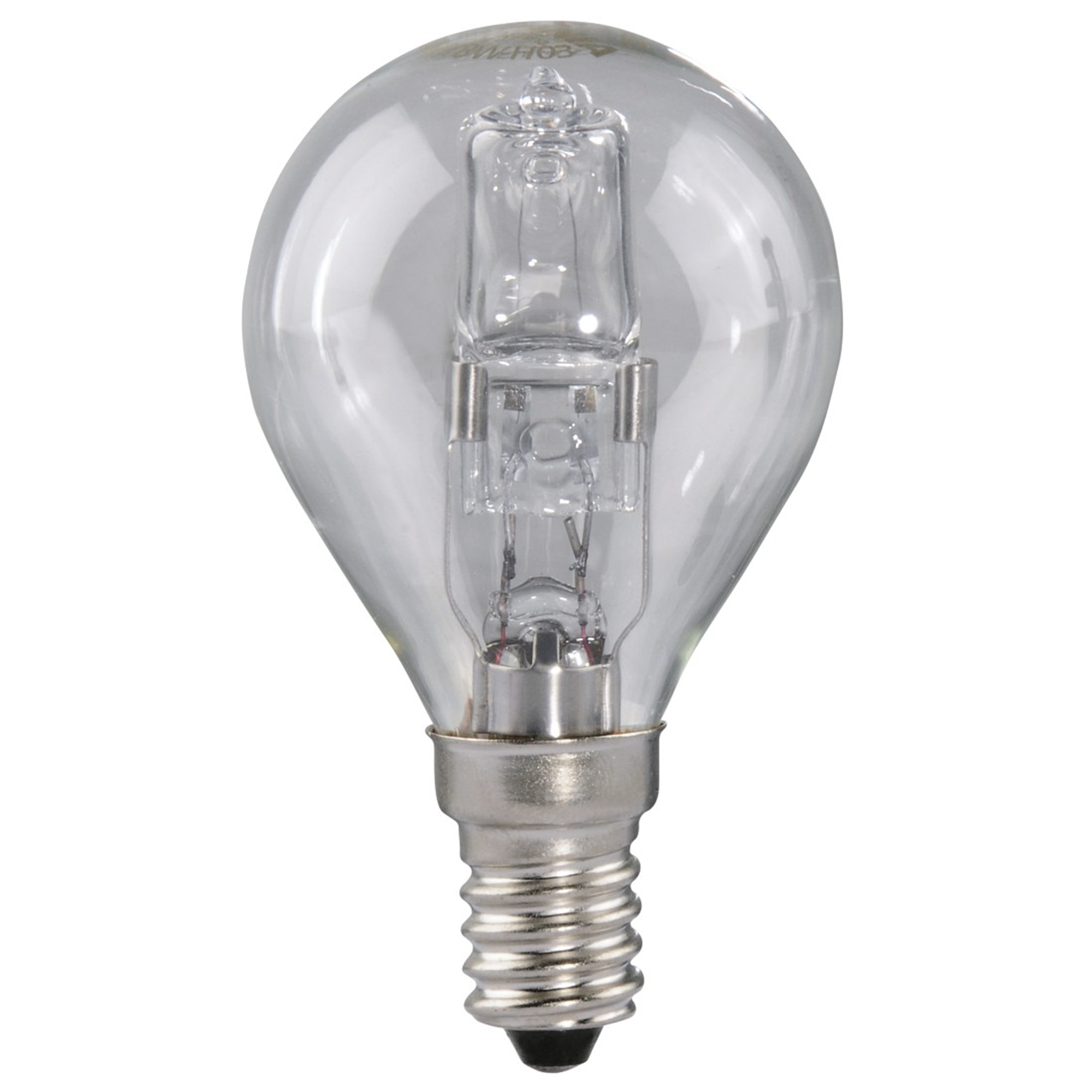 Lampadina trasparente con base argentata. La lampadina ha un piccolo filamento visibile all'interno.