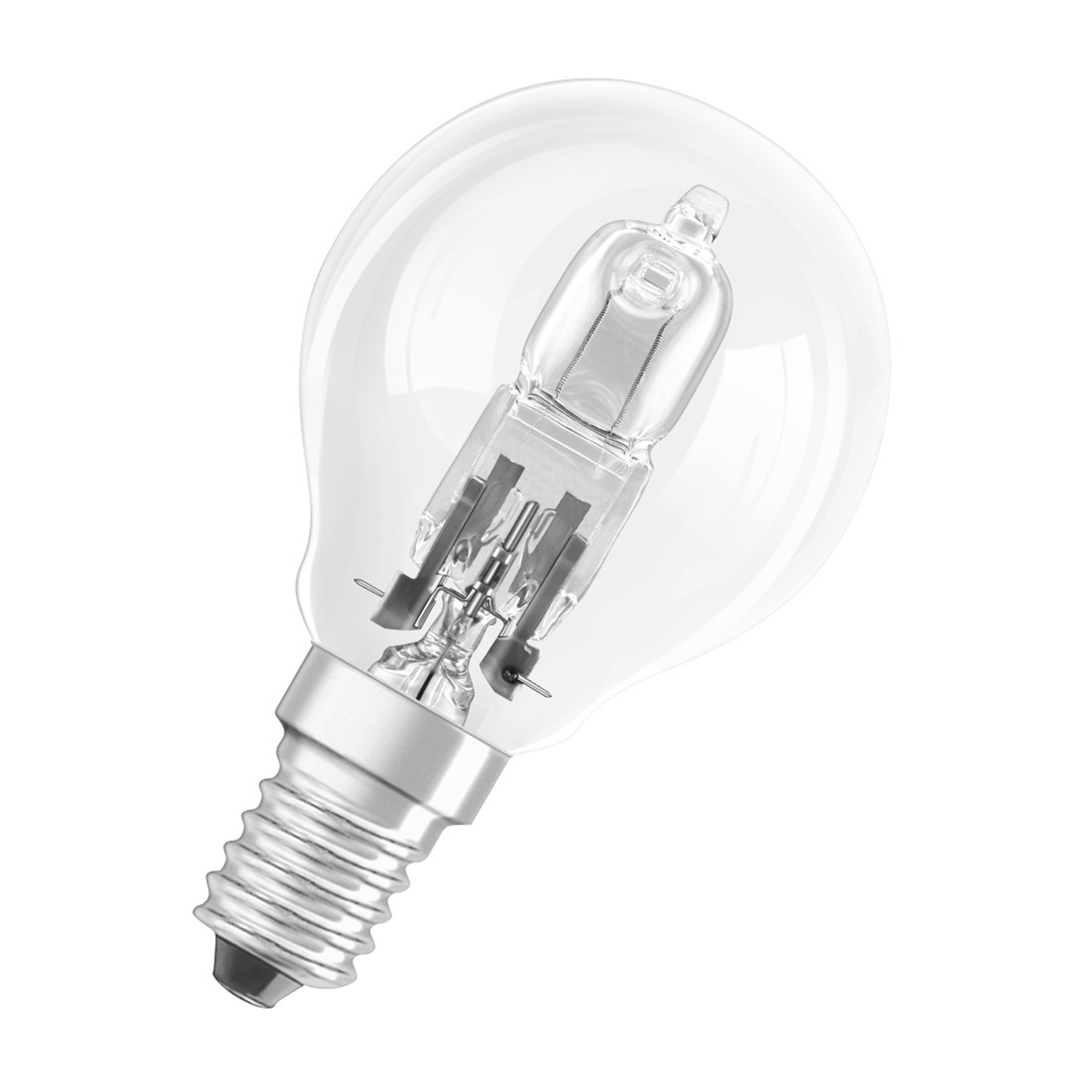 Ampoule transparente avec filaments internes et base argentée, isolée sur fond blanc.