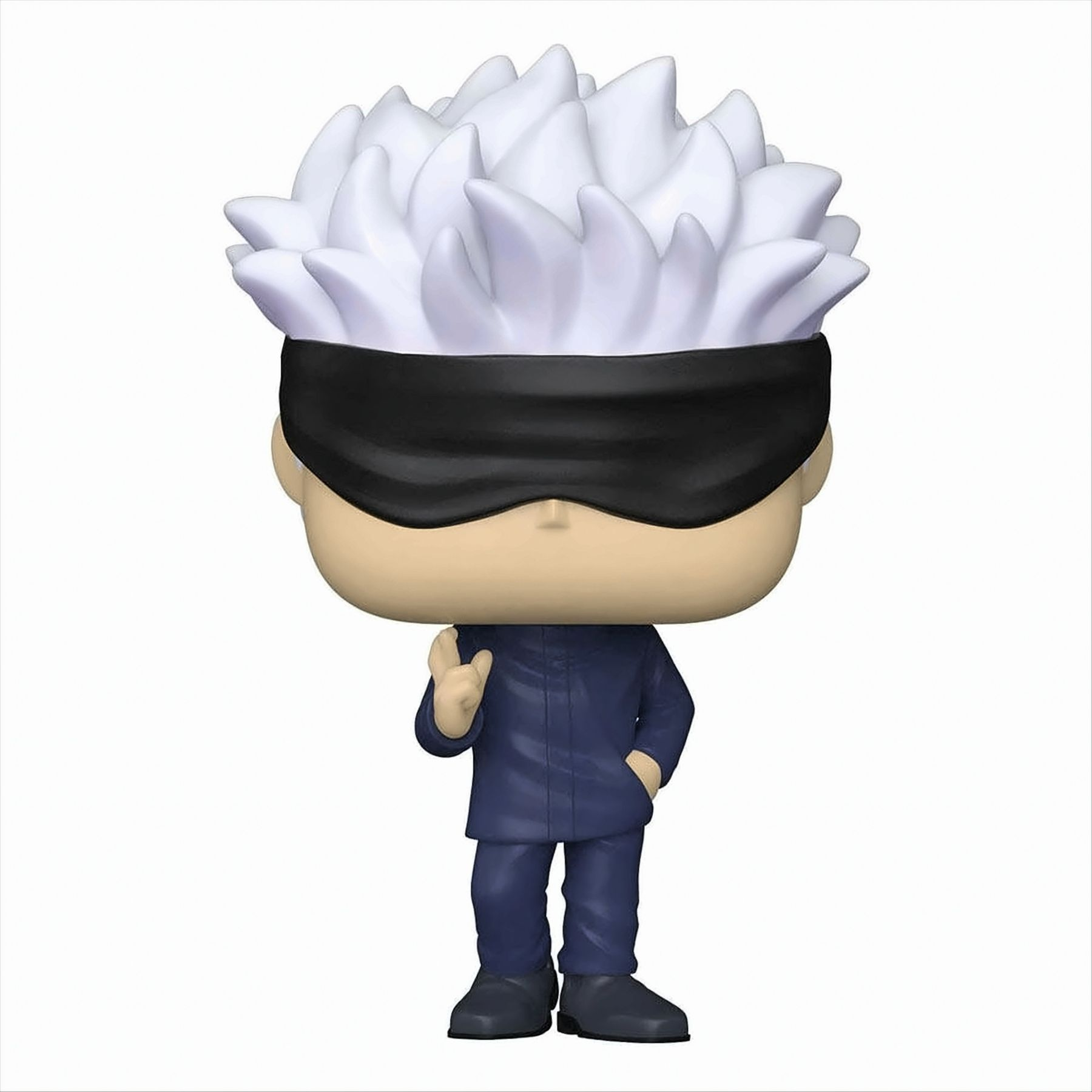 Eine Funko Pop Figur einer Figur mit weißen stacheligen Haaren und einer Augenbinde.