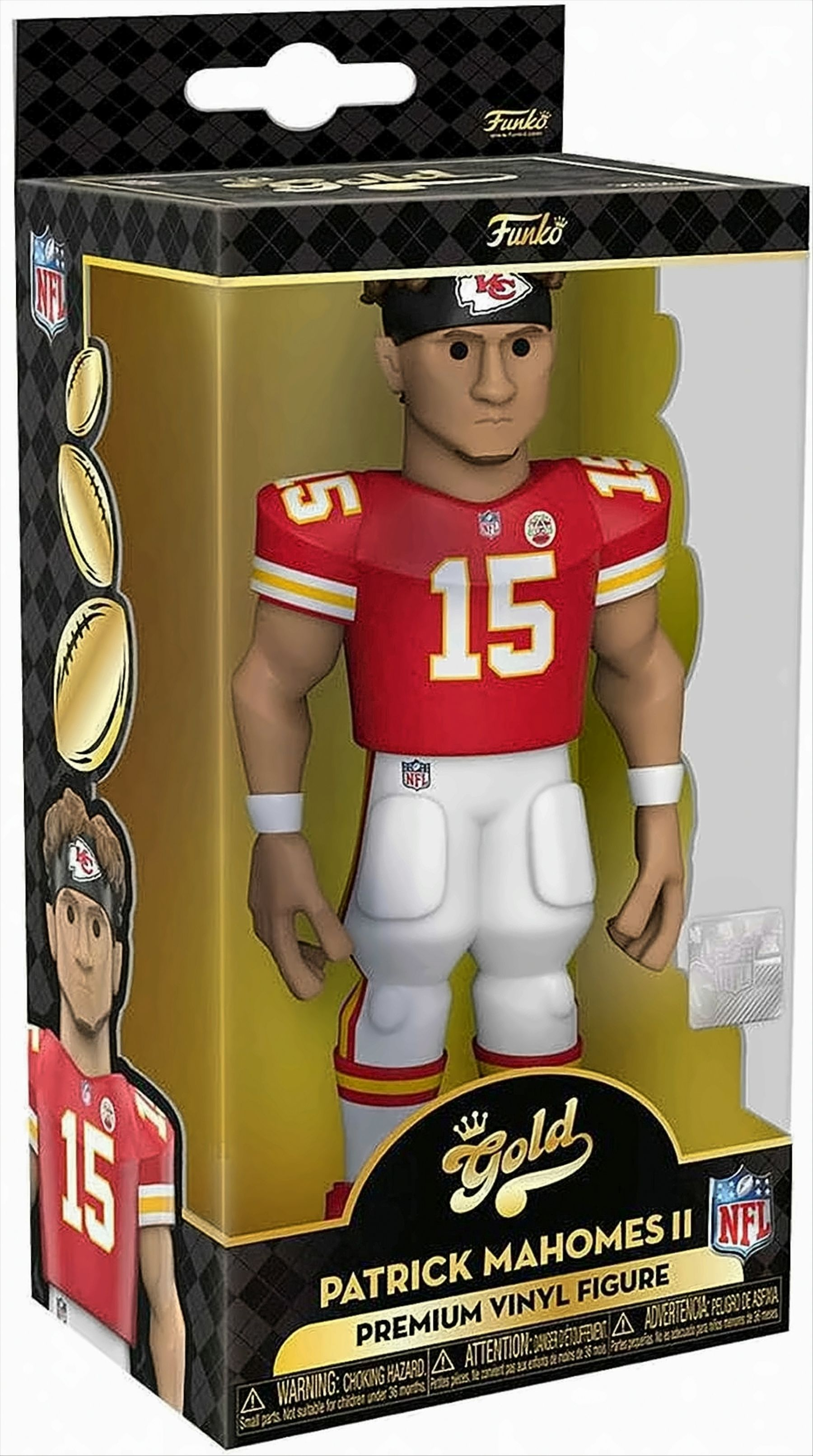 Eine Patrick Mahomes II-Figur in einer Box. Die Figur trägt ein rotes Trikot mit der Nummer 15.