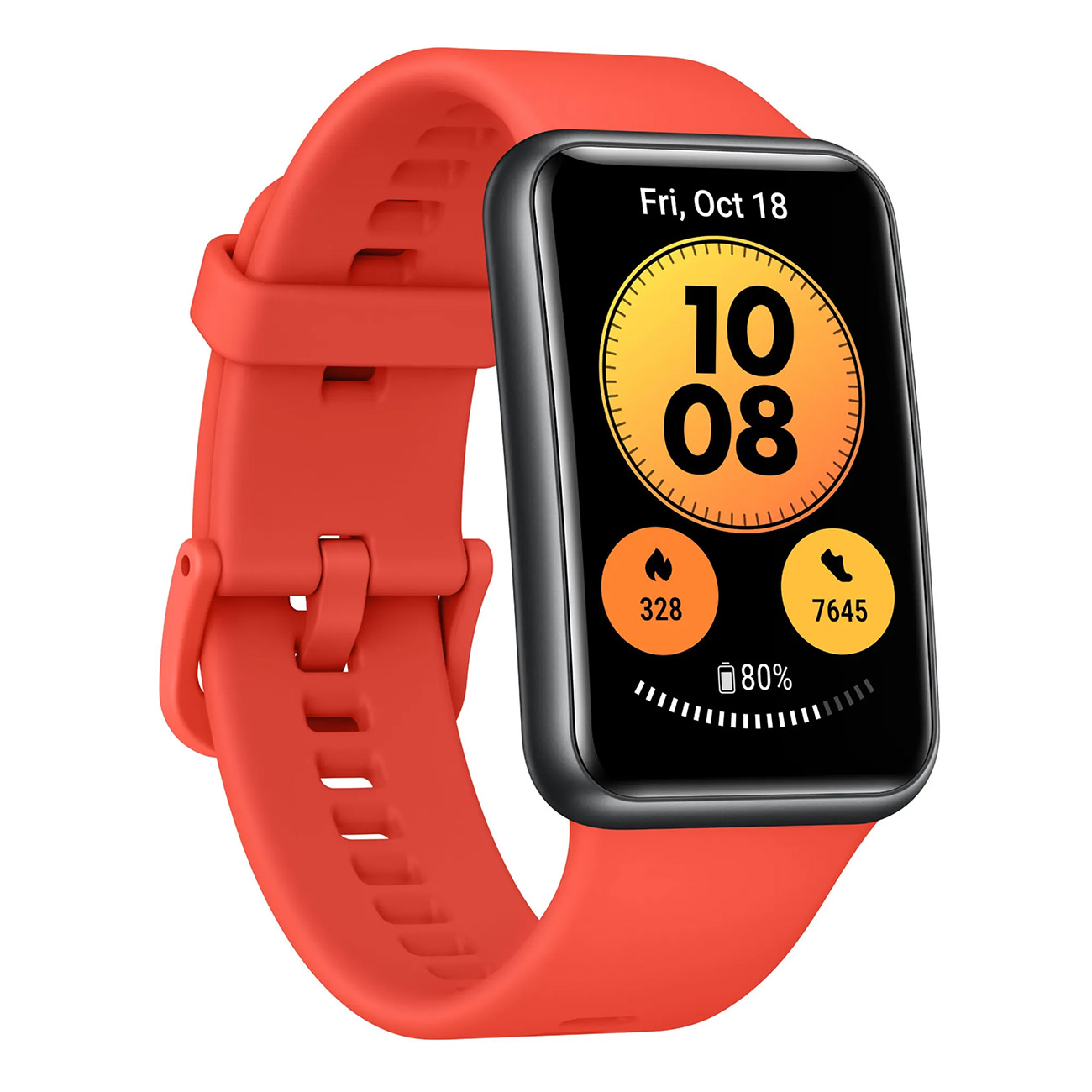 Czerwony smartwatch z czarnym ekranem wyświetlającym godzinę, datę i wskaźniki zdrowia. Czerwony pasek.