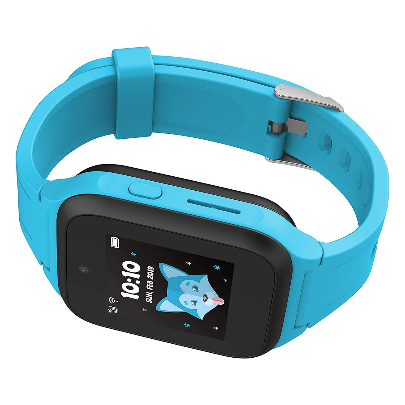 Eine blaue Smartwatch mit schwarzem Display, das Datum, Uhrzeit und Schritte anzeigt.