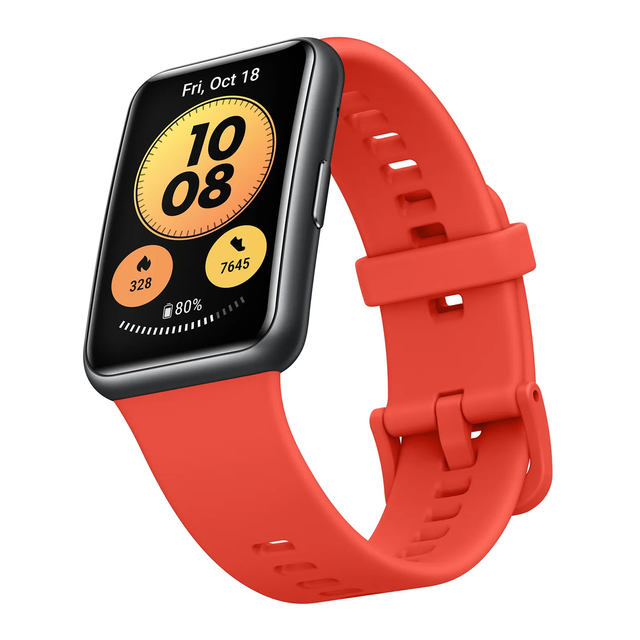 Smartwatch z czerwonym paskiem, czarny ekran pokazujący godzinę i statystyki.