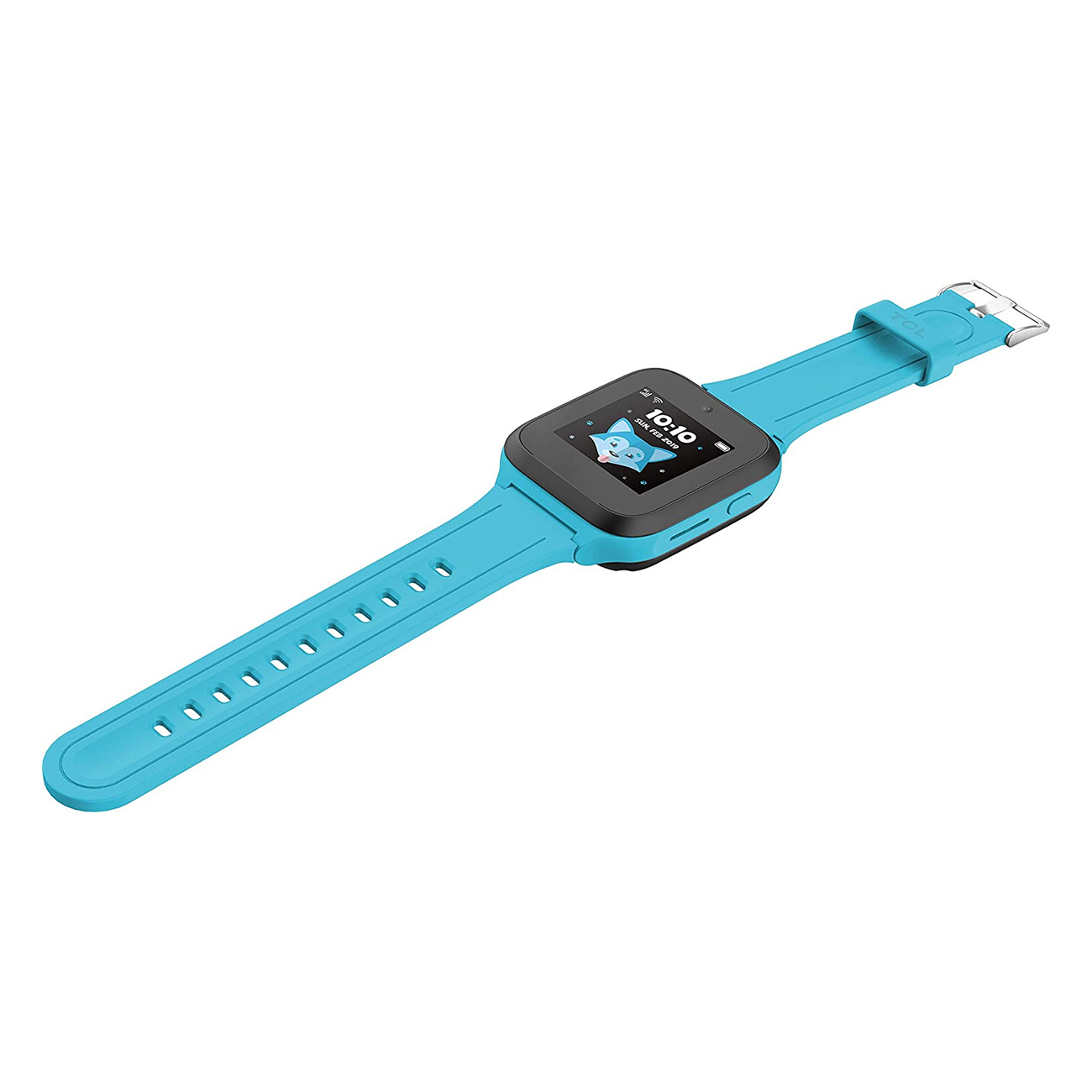 Eine blaue Smartwatch mit blauem Armband, die Zeit und eine Zeichentrickfigur anzeigt.