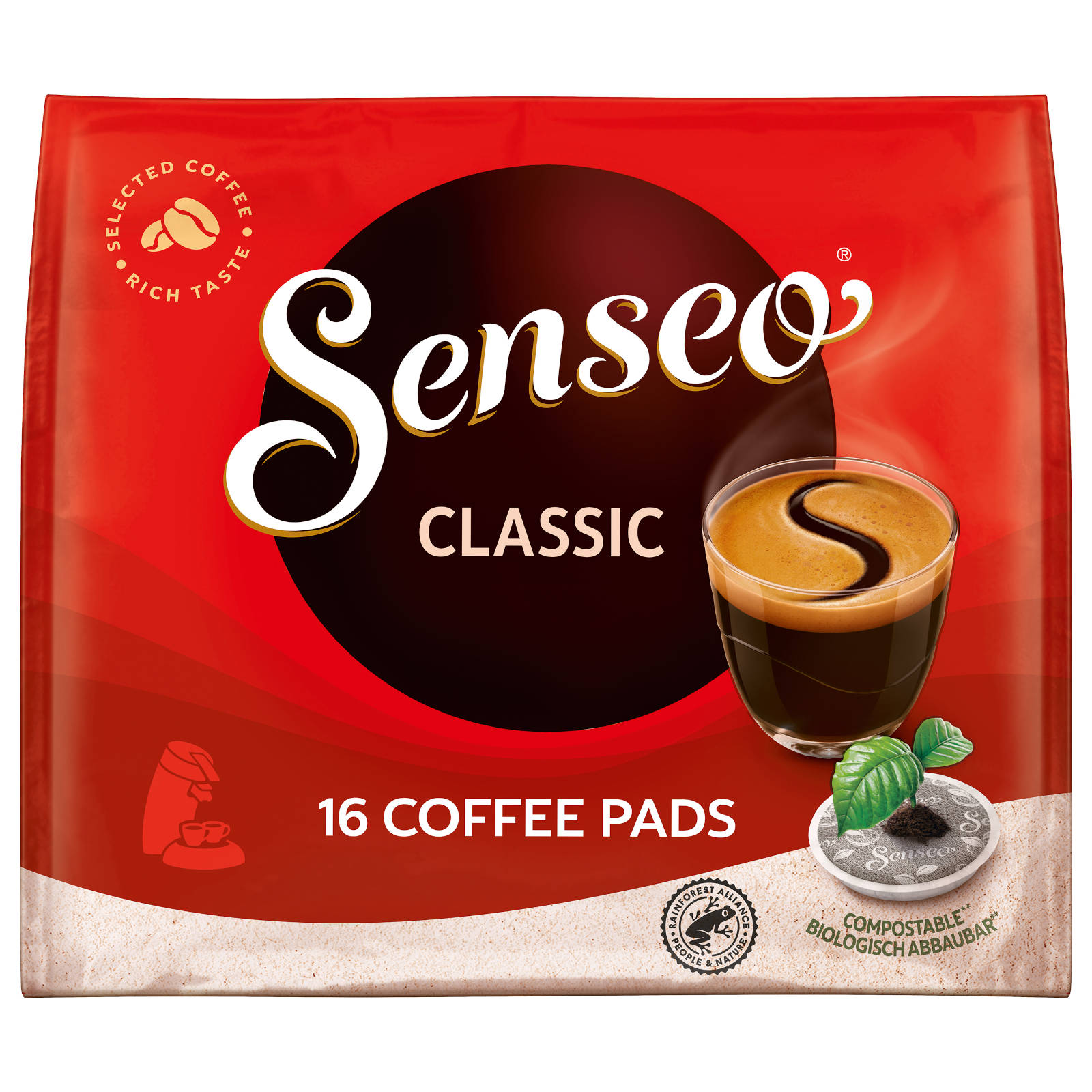Eine rote Tüte Senseo Classic Kaffeepads mit Kaffeetasse-Bild, weißer Hintergrund.