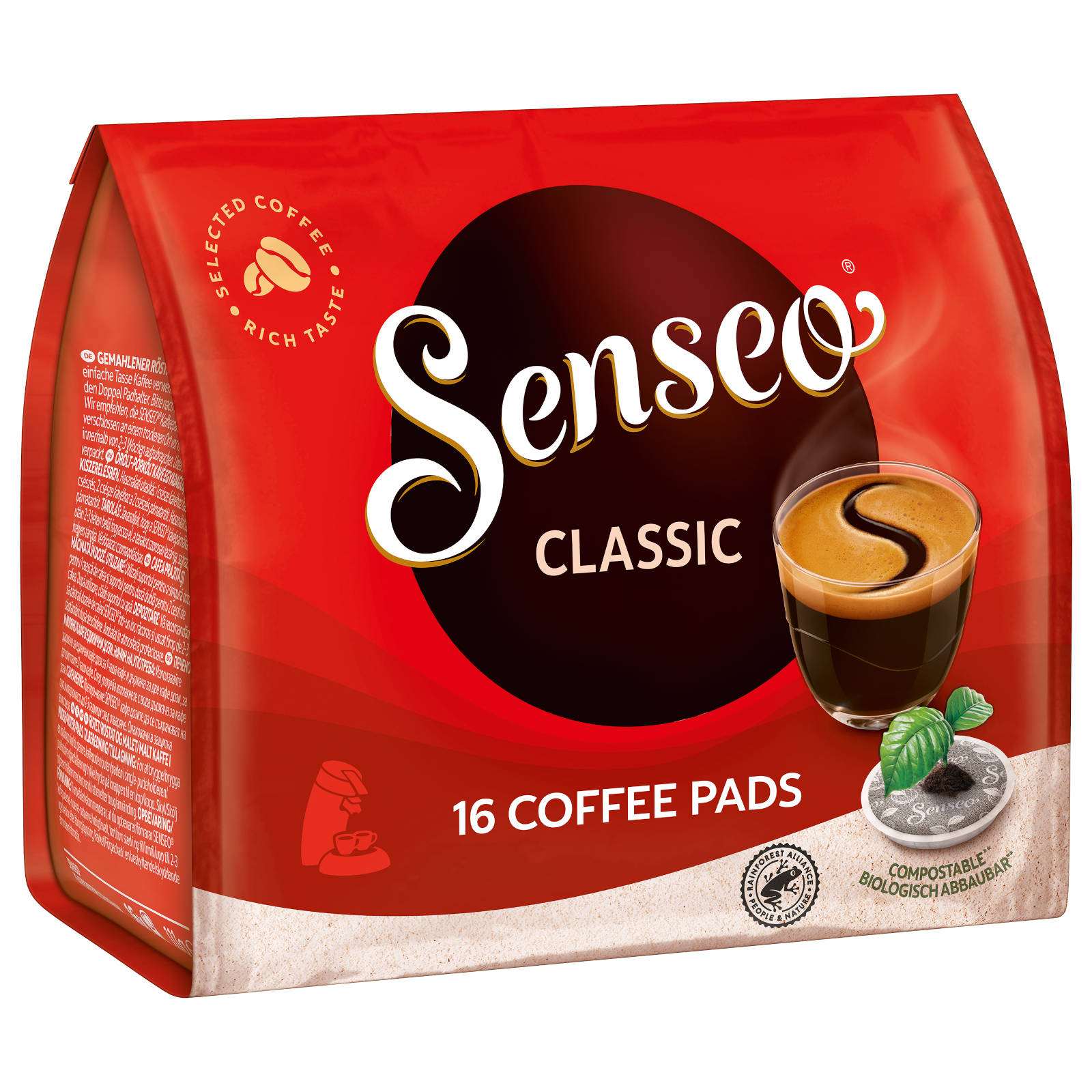 Rote Senseo Kaffeepad-Packung. Bild zeigt Kaffeetasse, Kaffeepads und Text '16 Kaffeepads'.