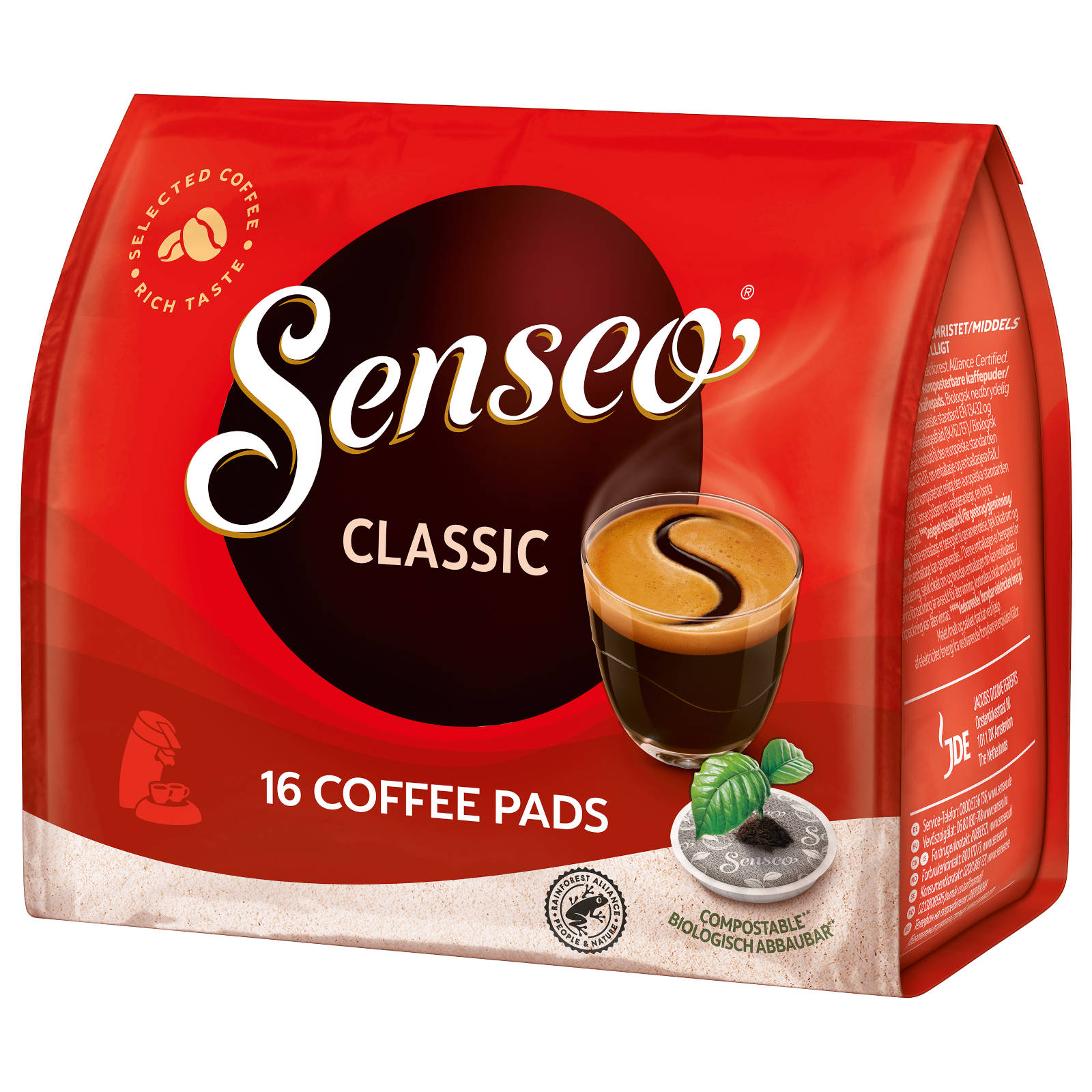 Eine rote Packung Kaffeepads. Es hat ein Glas mit Kaffee darauf. Weißer Hintergrund.